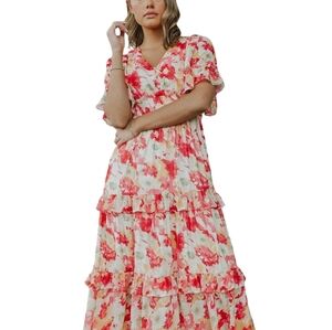 HENLY Women's Floral Tiered Spring Smocked Cottagecore Boho Flutter Dress Size L